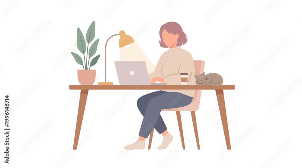 Fototapeta premium Cartoon illustration of a woman painting a wall while working in a room with a creative workspace style