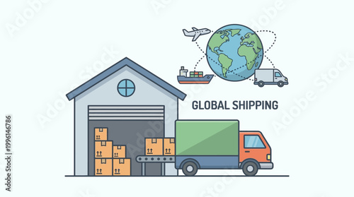 Vector illustration of a delivery truck with a shopping cart and a house icon representing transport and shipping service