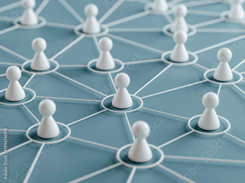 simple image showing the network of different people using small 3d generated chess pawn type people with lines and circles showing the connection between them