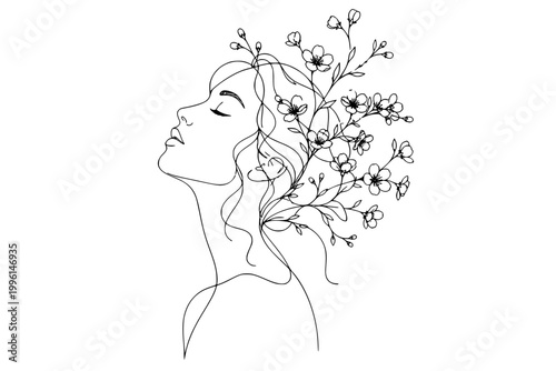Elegant Continuous Line Portrait with Cherry Blossom Branches, Minimalist Female Face Line Art