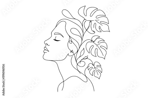 Minimalist Continuous Line Portrait with Monstera Leaves, Elegant Female Face Line Art
