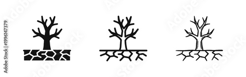 Drought and Climate Change Icon Set with Dead Tree and Cracked Soil