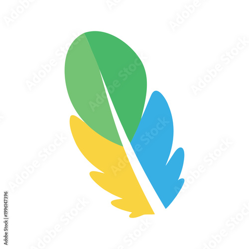 Stylized feather with green, blue and yellow plumage on a white backdrop, with a simplistic design
