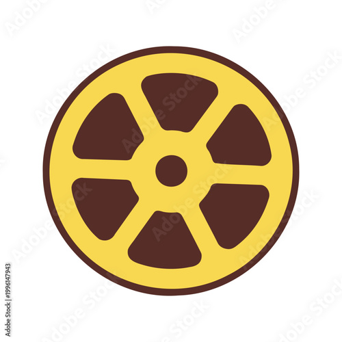 Cartoonish illustration of a simplistic yellow spoked wheel with a brown interior design