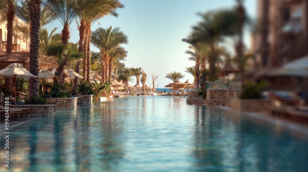 Fototapeta premium Blurred tropical hotel in Egypt with palm trees and poolside relax.