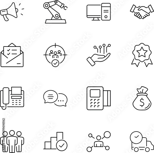 Business technology communication marketing operations success vector icons, megaphone, robotic arm, computer, handshake, envelope, target, badge