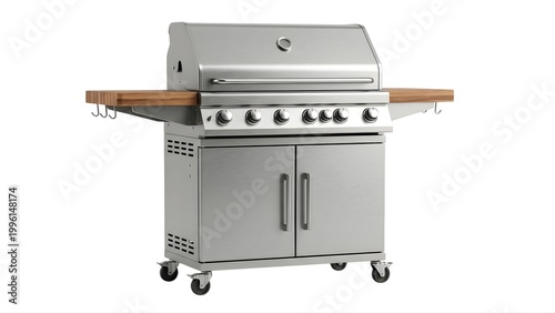 A stainless steel gas grill with wooden side shelves on transparent background