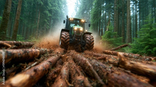 A robust tractor driving through a forested pathway, highlighting the dynamic relationship between machinery and nature in agricultural or forestry practices.