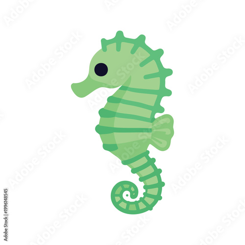 Cute green seahorse with a curled tail and spiky back swims in the ocean