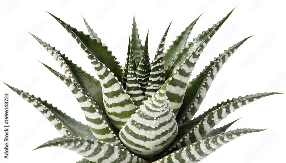 Fototapeta premium Haworthia fasciata zebra succulent with green and white stripes isolated with shadow. AI generated.