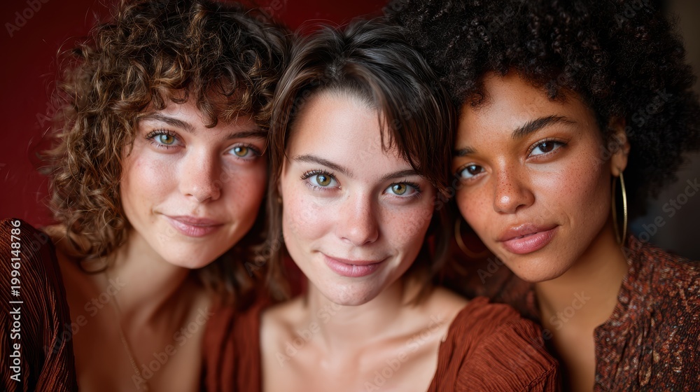 Fototapeta premium A warm portrait of three smiling individuals radiating joy and friendship captures the essence of connection and happiness in a vibrant and inviting setting.