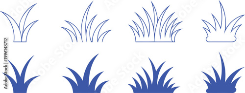 Blue grass clumps, outline and solid fill