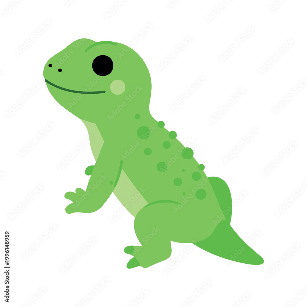 Obraz premium Friendly green lizard stands upright with a happy expression and polka dots on its skin