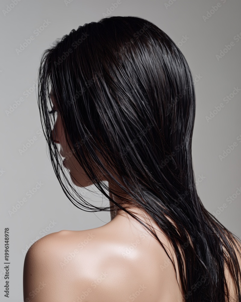 Naklejka premium 濡れた黒髪の女性が横向きで写っている。ヘアケアや美容関連のイメージに適したポートレート写真。