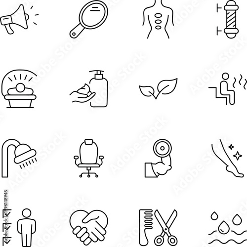 Beauty health wellness personal care services icons, barber pole, spa bed, lotion bottle, comb scissors