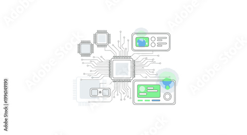 A close-up view of a futuristic circuit board with various green and blue screens and icons on a white background with a shallow depth of field.