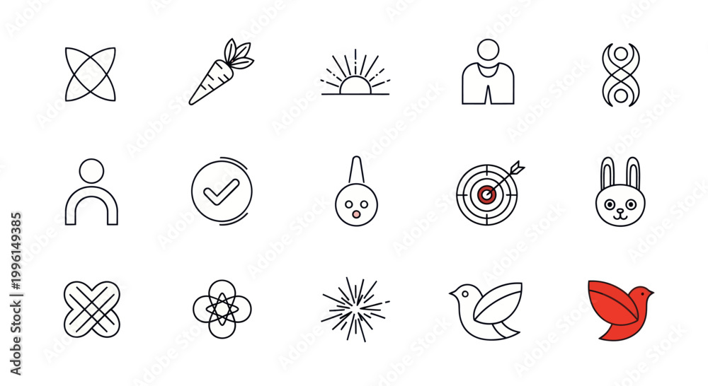 Fototapeta premium Set of Simple Line Icons: Abstract Shapes, Carrot, Sunrise, Person, DNA, Checkmark, Rabbit, Flower