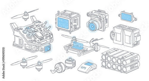 Technical drawing of various industrial and technological equipment with blue accents on a white background.