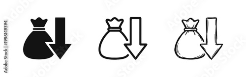 Money Bag Loss Finance Icon Set Solid Outline and Hand Drawn Styles