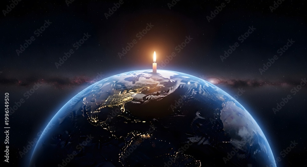 Fototapeta premium Conceptual view of Earth from space with a single lit candle, representing hope and a collective commitment to energy conservation during Earth Hour celebrations for a sustainable future.