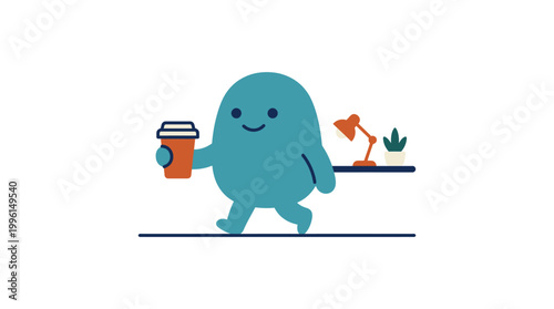 Smiling blue cartoon character holding coffee.