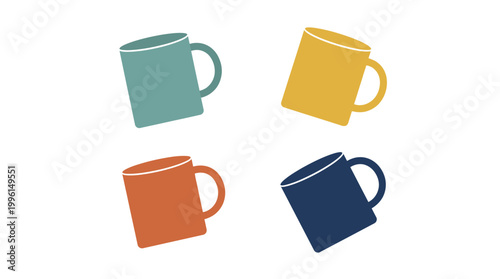Four colorful ceramic coffee mugs.