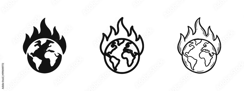 Obraz premium Global Warming Earth On Fire Icon Set Solid Outline and Hand Drawn Styles