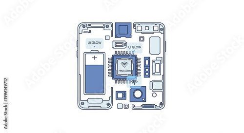 Top-down view of a smartphone internal circuit board with various components on a white background.