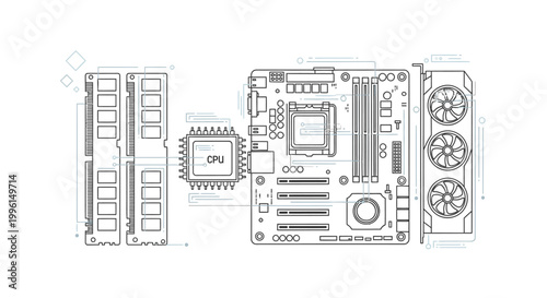 Detailed technical drawing of a computer motherboard with various components and connectors on a white background.