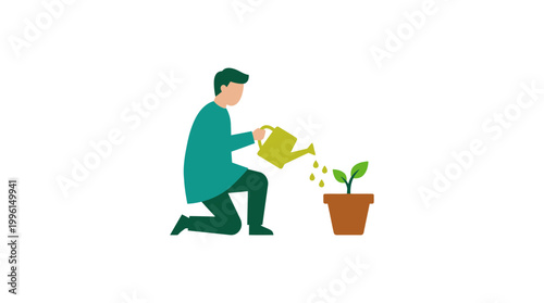 Man watering plant with yellow watering.