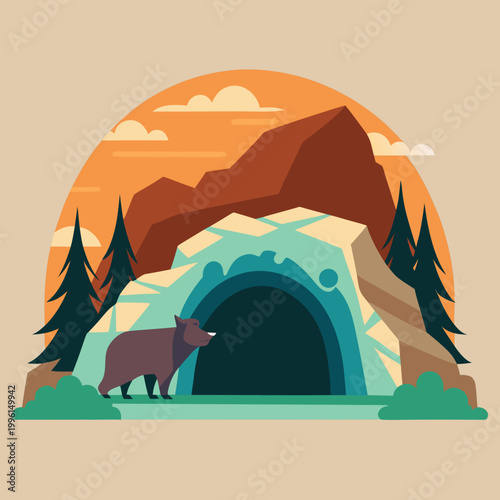 Brown Bear Approaches Majestic Cave Entrance in Mountain Landscape