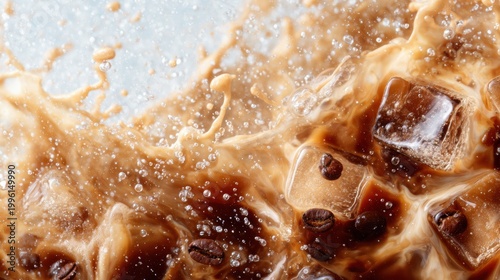 A dynamic splash of coffee with ice cubes creates a visually stunning and invigorating drink experience, showcasing the energy and excitement of caffeine in beverage form.