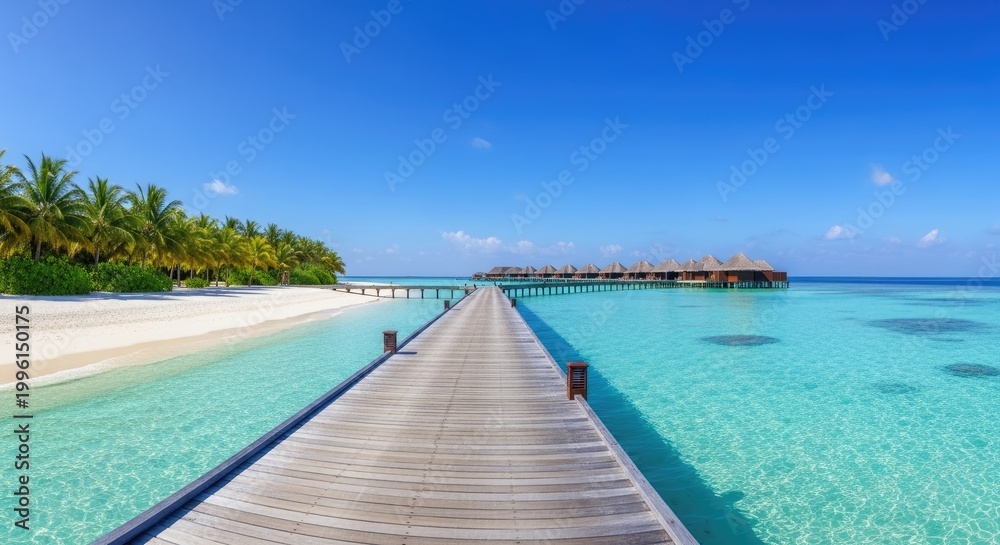 Fototapeta premium Wooden pier extending over turquoise waters and sandy beach under blue sky