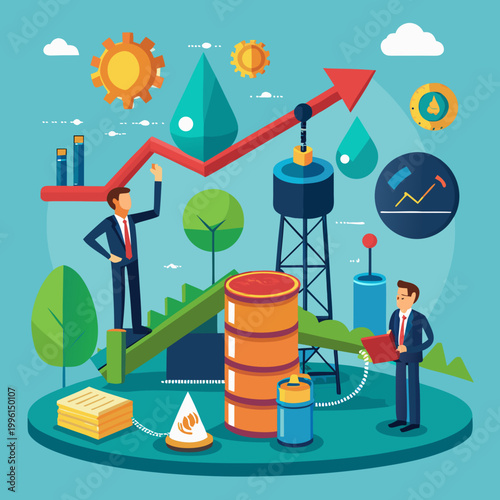 Businessmen analyze oil industry investment and growth