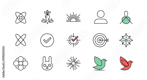Set of Modern Icons: Science, Nature, Goals, People, Abstract Shapes, Animals