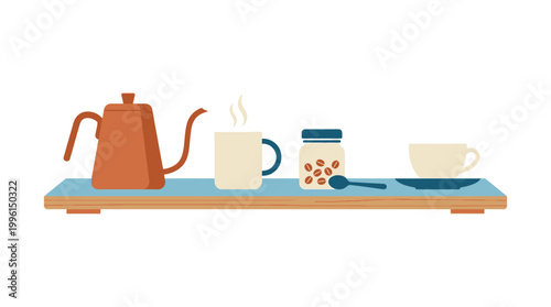 Flat vector illustration of a kitchen shelf with coffee brewing equipment and cups.