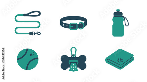 Set of pet accessories icons including leash collar water bottle ball bone tag and blanket.