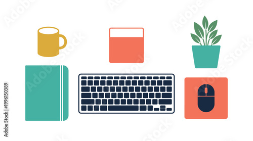 Flat design illustration of modern workspace office supplies and computer equipment.