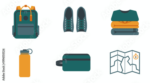 Flat Vector Set of Essential Travel and Camping Gear Icons.