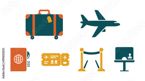 Set of travel and airport themed flat vector icons.