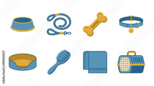 Set of colorful pet care and animal accessories icons.