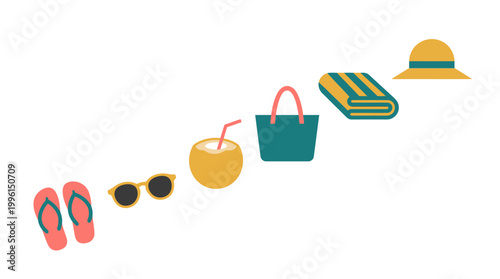 Set of beach vacation travel essentials and accessories.