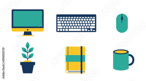 Set of flat icons featuring office workspace equipment and supplies.