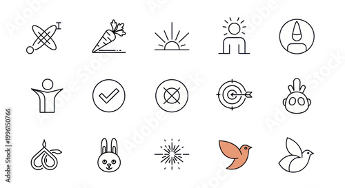 Set of Icons: Creativity, Success, Goals, and Nature Elements