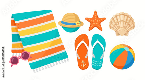 Beach accessories and colorful summer items.
