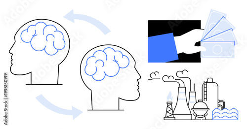 Business planning, innovation, knowledge transfer, industry growth, financial investment, decision-making. Two brains connected with arrows, industry visuals and money exchange. Business planning