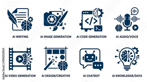 Icons representing various AI technologies including writing, image generation, and coding