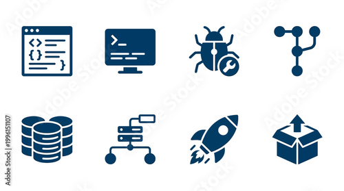 Collection of programming and development icons representing coding, debugging, and data flow