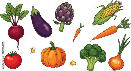 Hand drawn sketch style fresh organic vegetables collection set with beetroot eggplant artichoke pumpkin vector illustration