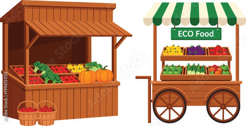 Wooden farmer market stall and eco food cart with fresh organic vegetables and fruits flat vector illustration